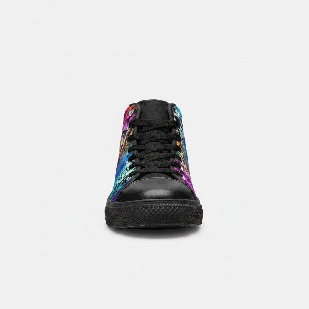 Freaky Shoes® women's high-top canvas sneakers featuring a vibrant, multi-colored leopard art print and black laces.