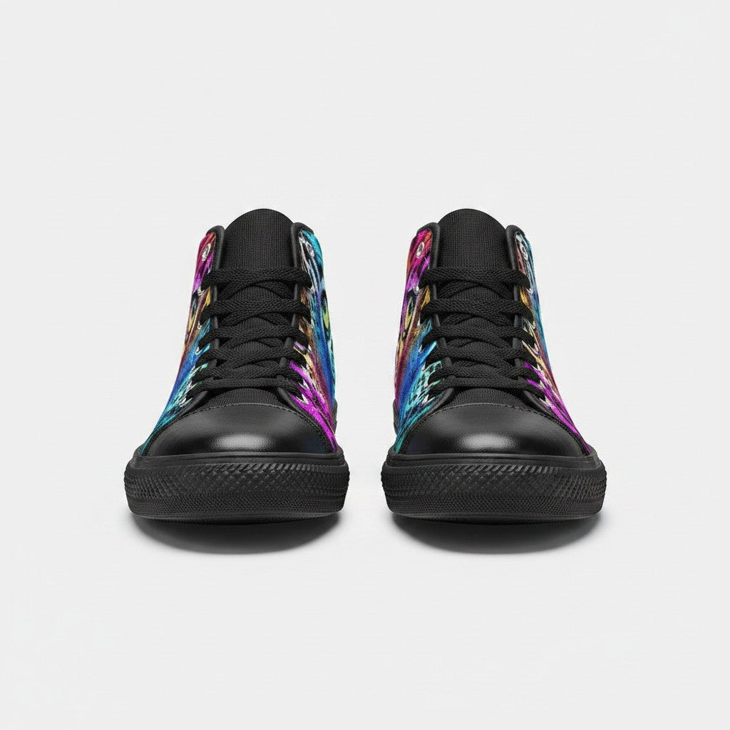 Freaky Shoes® women's high-top canvas sneakers featuring a vibrant multi-colored leopard print design