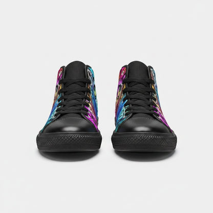 Freaky Shoes® women's high-top canvas sneakers featuring a vibrant multi-colored leopard print design