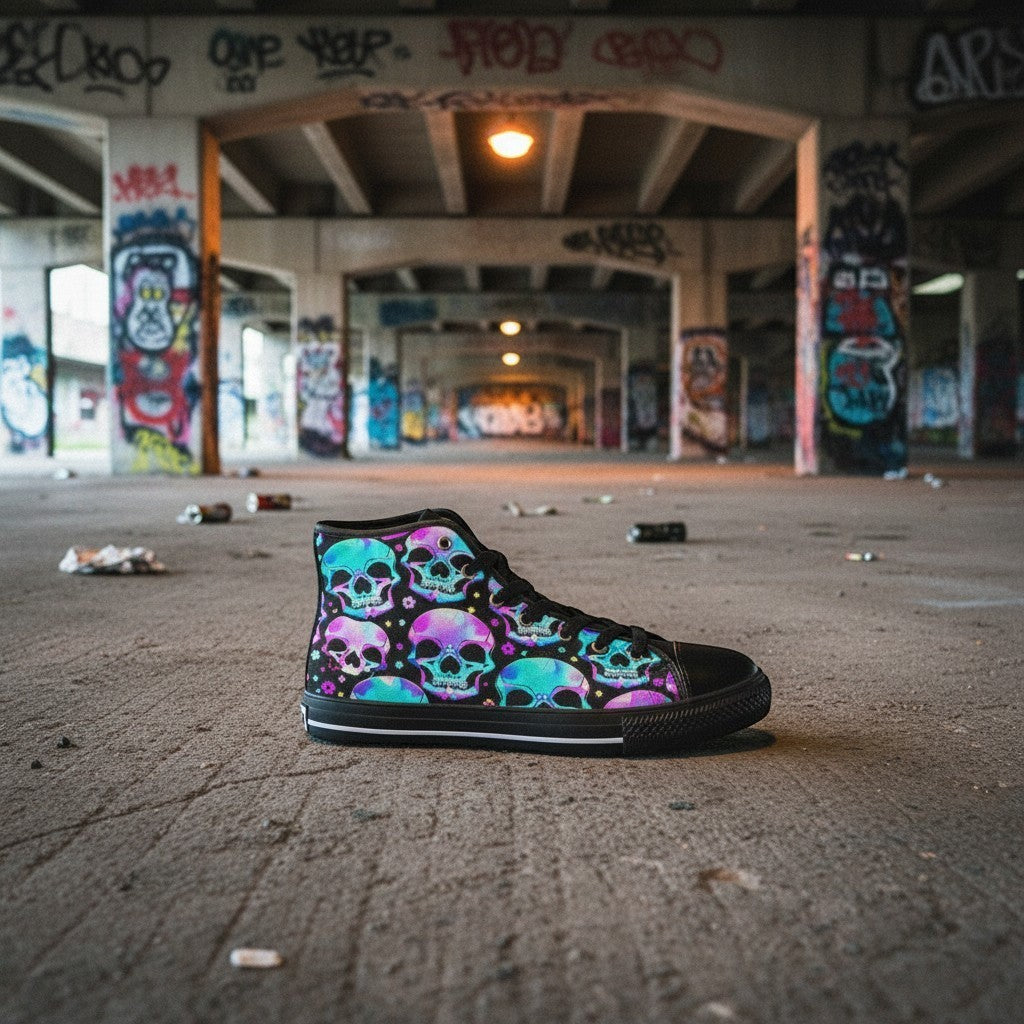 Freaky Shoes® women's high-top canvas sneakers featuring a vibrant, colorful gothic skull print in an urban setting.