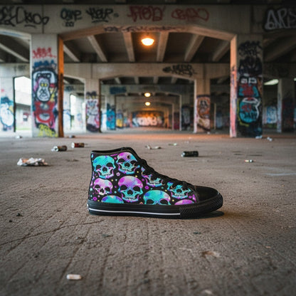 Freaky Shoes® women's high-top canvas sneakers featuring a vibrant, colorful gothic skull print in an urban setting.