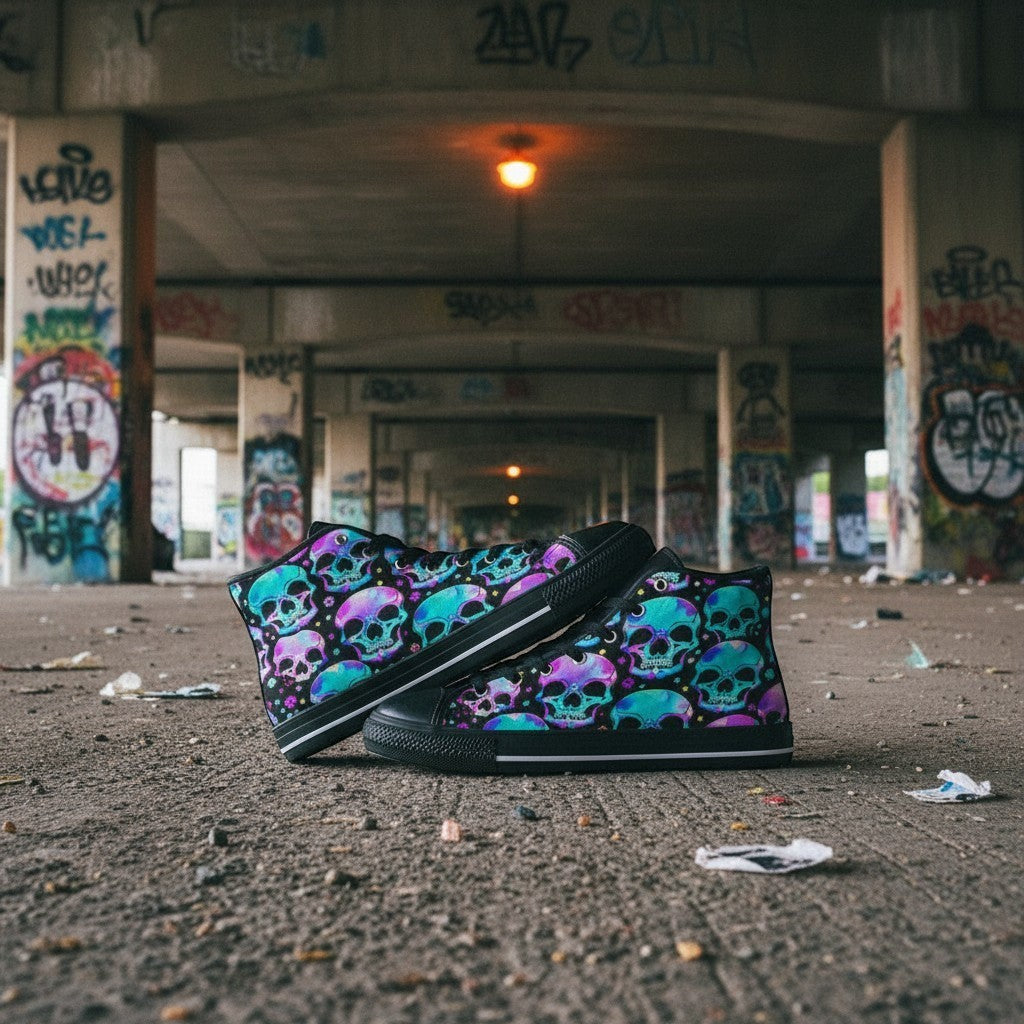 Freaky Shoes® women's high top canvas sneakers featuring a vibrant, colorful gothic skull art print.