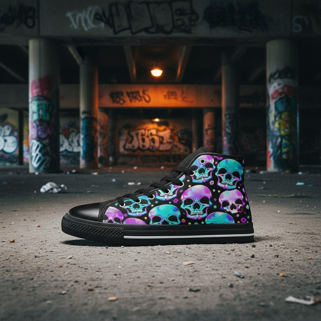 Freaky Shoes® women's high-top canvas sneakers featuring a vibrant, colorful gothic skull print on a black background.