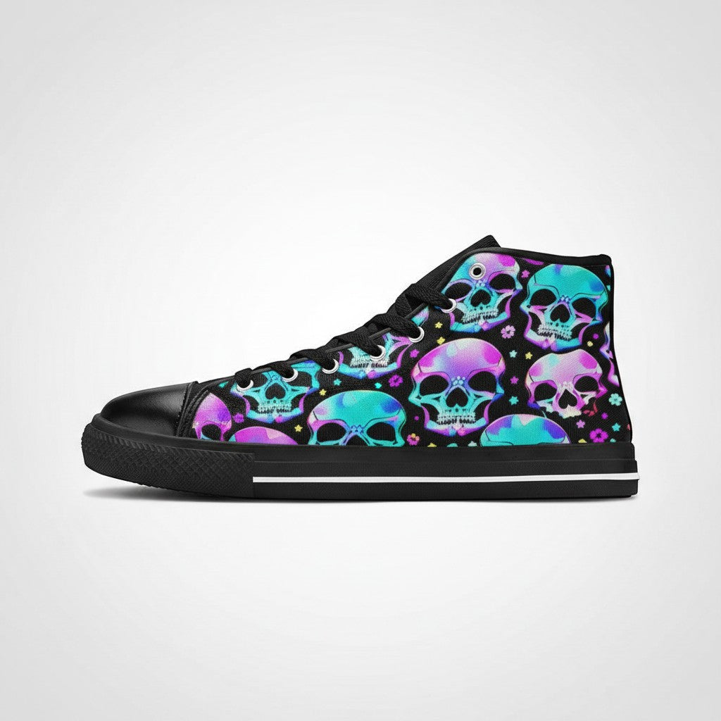 Freaky Shoes® women's high-top canvas sneakers featuring a vibrant, colorful gothic skull art print on black.