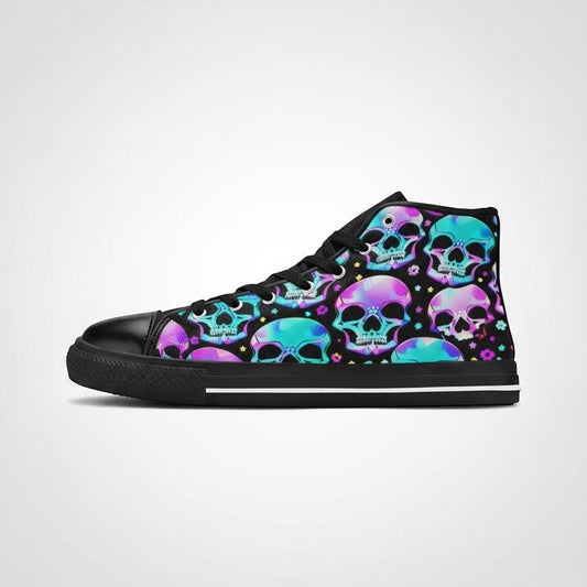 Freaky Shoes® women's high-top canvas sneakers featuring a vibrant, colorful gothic skull art print on black.