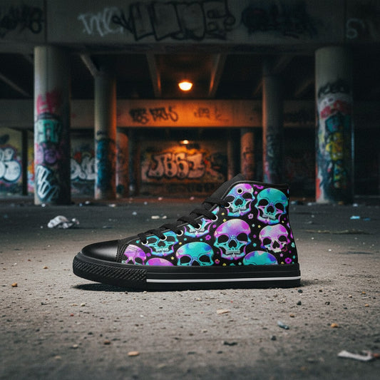 Freaky Shoes® women's high-top canvas sneakers featuring a vibrant, colorful gothic skull print on a black background.