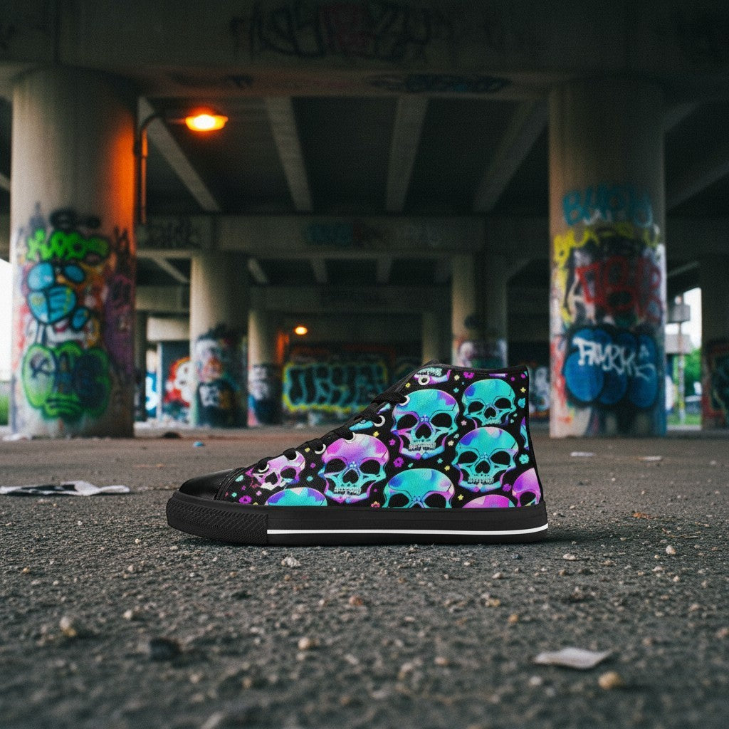 Freaky Shoes® women's high-top canvas sneakers featuring a vibrant, colorful gothic skull pattern in an urban setting.