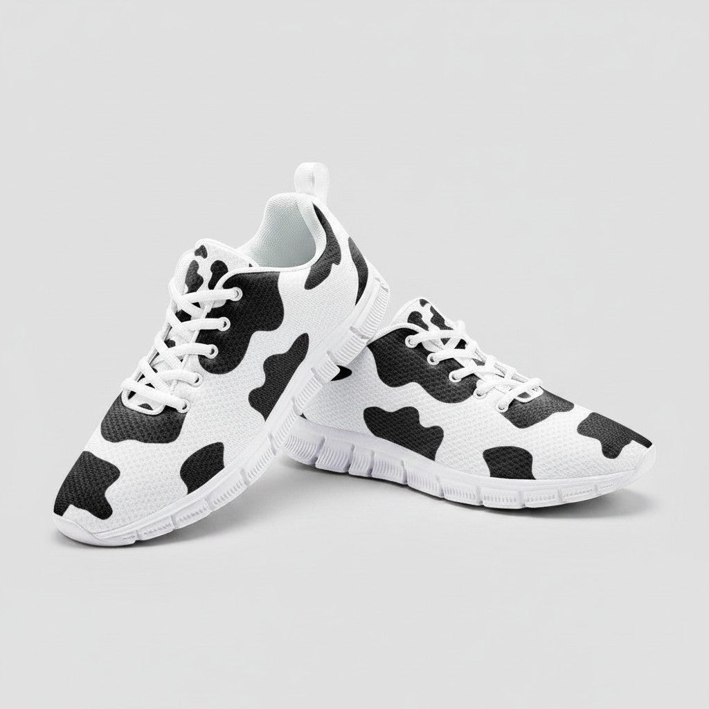 Freaky Shoes® high-top canvas sneakers featuring a black and white cow print pattern with white laces and EVA soles.
