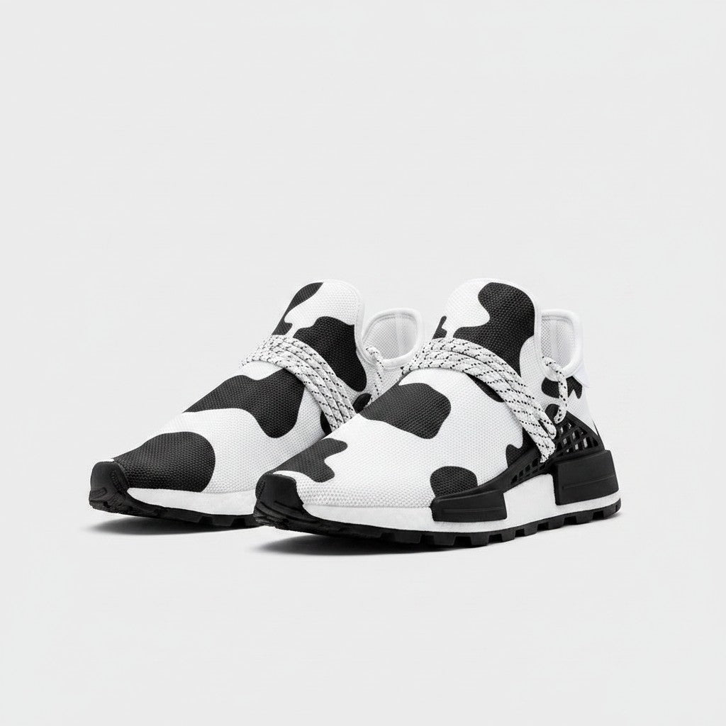 Freaky Shoes® high-top canvas sneakers featuring a black and white cow print pattern with lace-up closure.