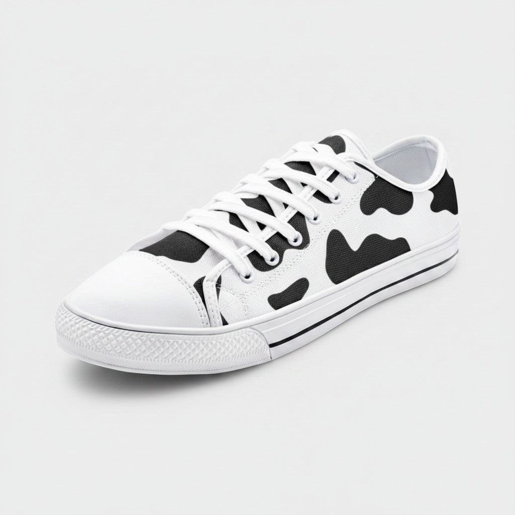 Freaky Shoes® low-top canvas sneakers featuring a black and white cow print pattern with white laces and rubber toe cap.
