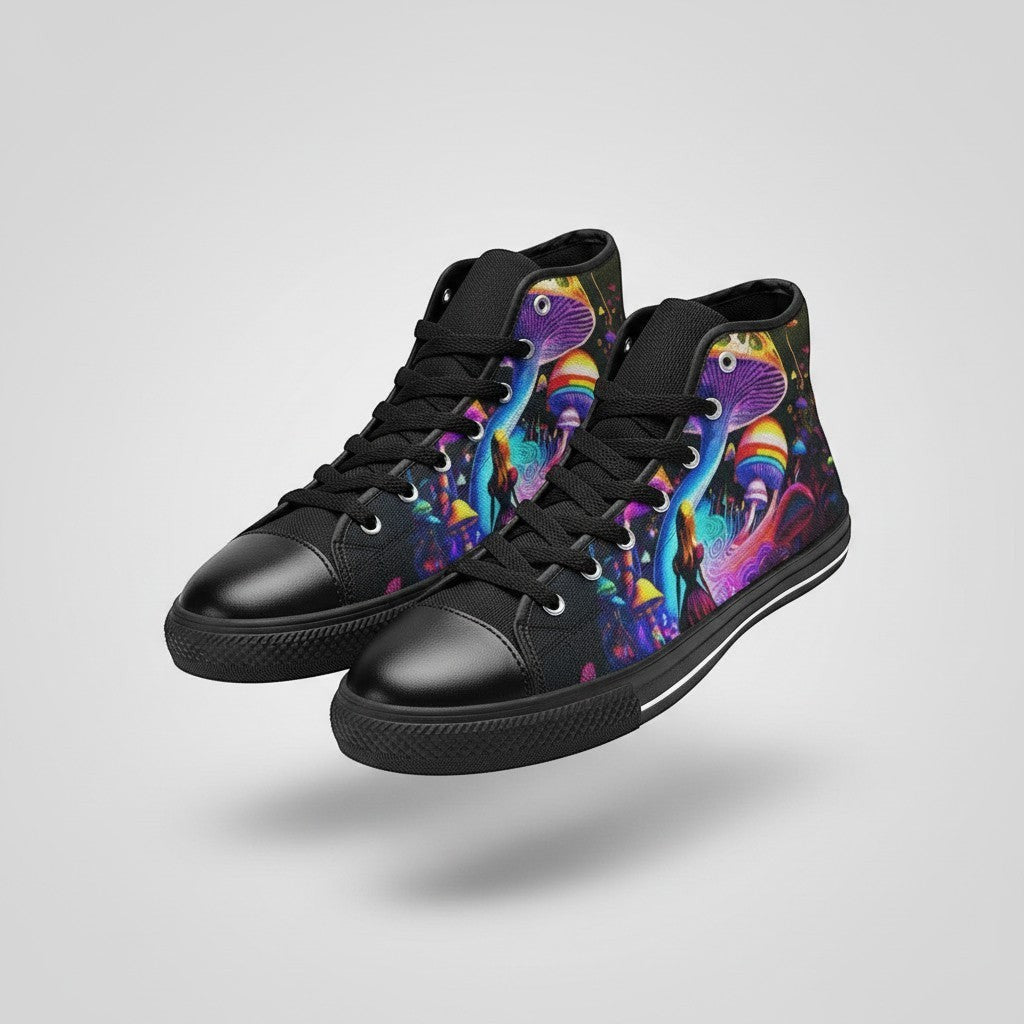 Freaky Shoes® men's high-top canvas sneakers featuring a vibrant, psychedelic Creepy Wonderland mushroom art print.