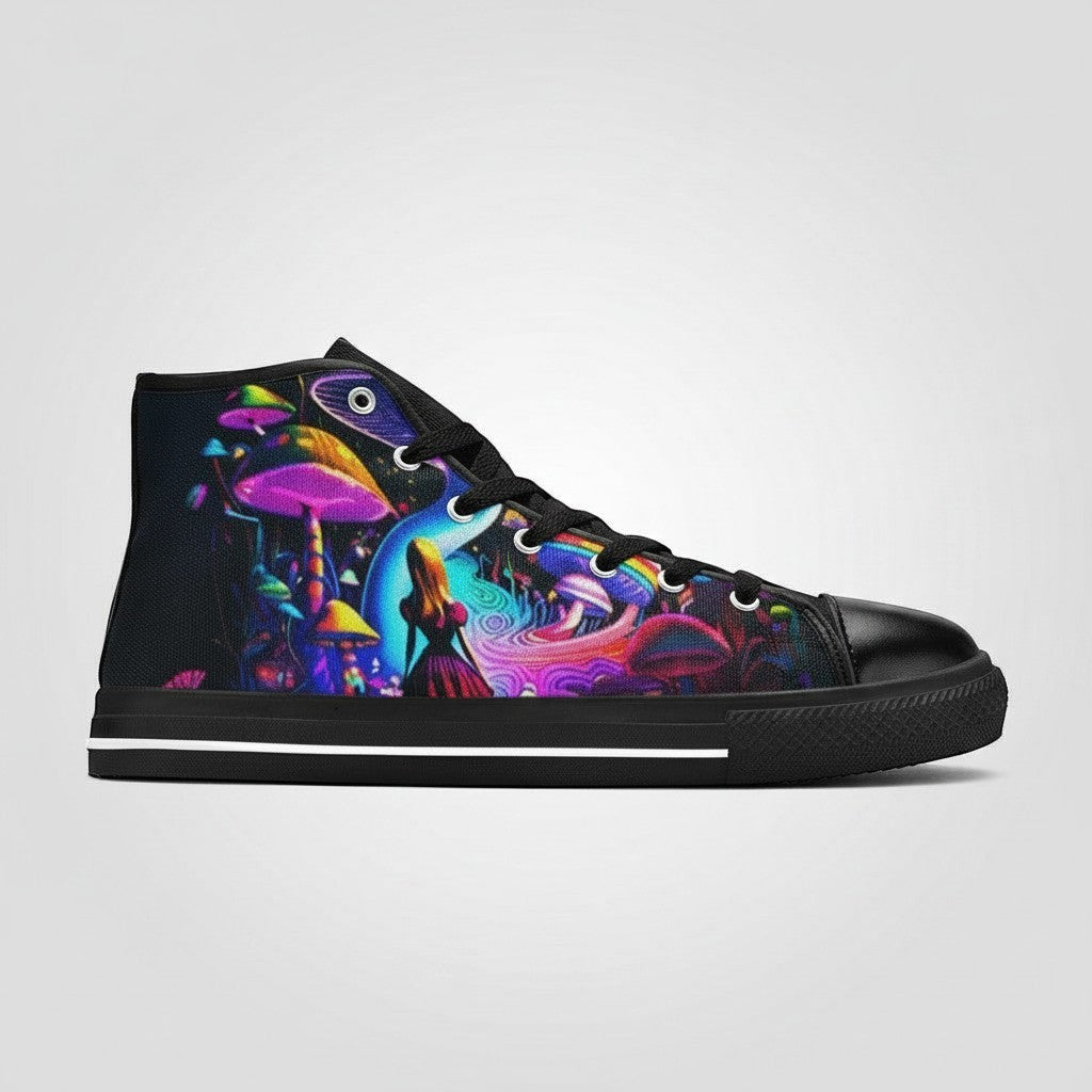 Freaky Shoes® men's high-top canvas sneakers featuring a vibrant, psychedelic Creepy Wonderland art print.