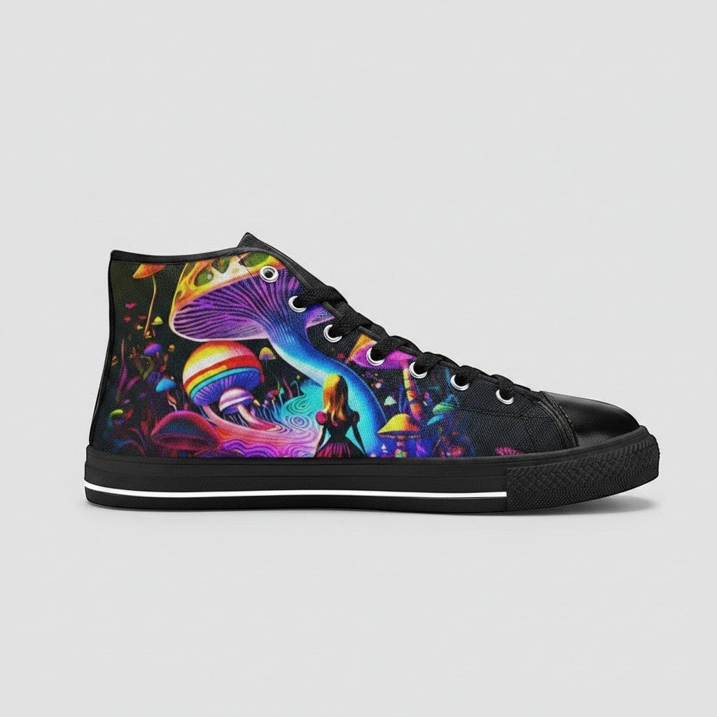 Freaky Shoes® men's high-top canvas sneakers featuring a vibrant, psychedelic Creepy Wonderland mushroom art print.