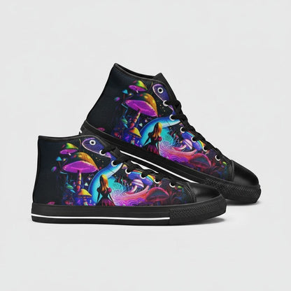 Freaky Shoes® high-top canvas sneakers featuring a vibrant, surreal Creepy Wonderland art print with mushrooms.