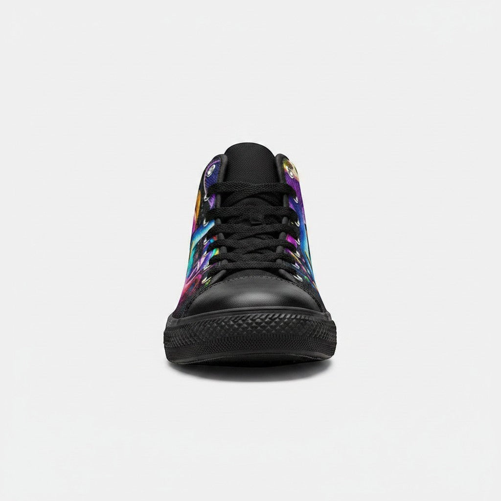Freaky Shoes® women's high-top canvas sneakers featuring vibrant Creepy Wonderland art and black laces.