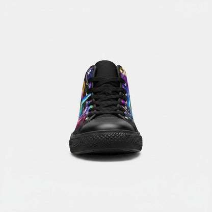 Freaky Shoes® women's high-top canvas sneakers featuring vibrant Creepy Wonderland art and black laces.