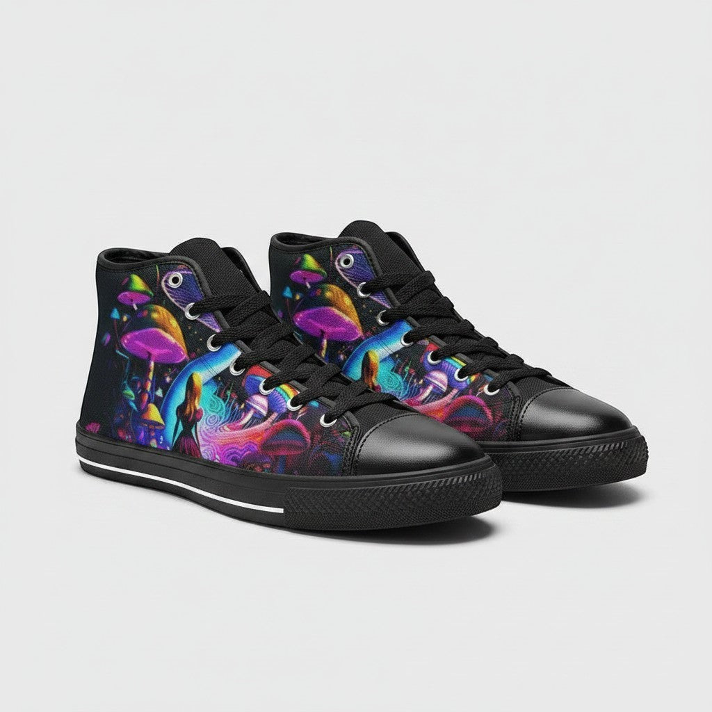 Freaky Shoes® women's high-top canvas sneakers featuring a vibrant, surreal Creepy Wonderland mushroom art print.