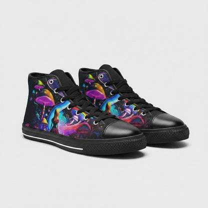Freaky Shoes® women's high-top canvas sneakers featuring a vibrant, surreal Creepy Wonderland mushroom art print.