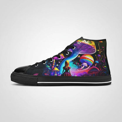 Freaky Shoes® women's high-top canvas sneakers featuring vibrant, psychedelic Creepy Wonderland mushroom art.