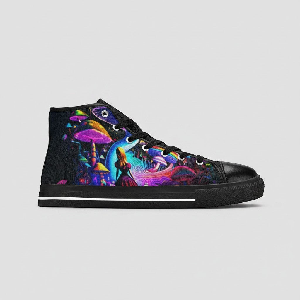 Freaky Shoes® high-top canvas sneakers featuring vibrant Creepy Wonderland art with mushrooms and a silhouette figure.