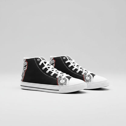 Freaky Shoes® custom high-top canvas sneakers featuring black fabric with white and red freestyle art graphics.