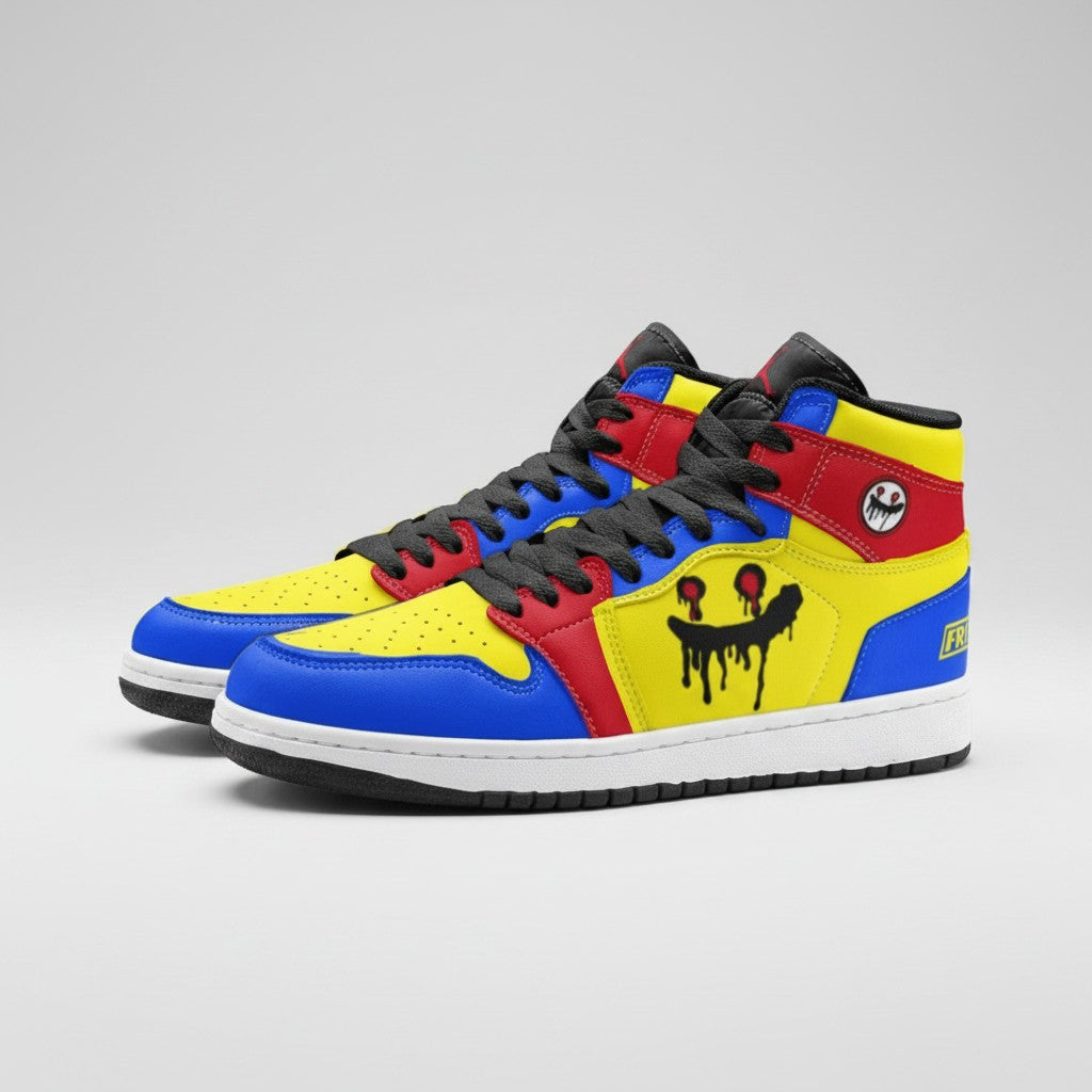 Freaky Shoes® custom high-top canvas sneakers in blue, yellow, and red with a dripping smiley face graphic design.