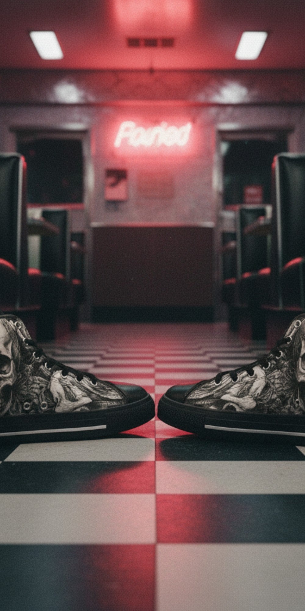 Women's Dark Art Skull Gothic high-top canvas shoes — one-of-a-kind custom printed art, Freaky Shoes