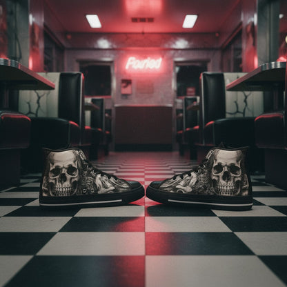 Women's Dark Art Skull Gothic high-top canvas shoes, custom full-wrap printed design — Freaky Shoes