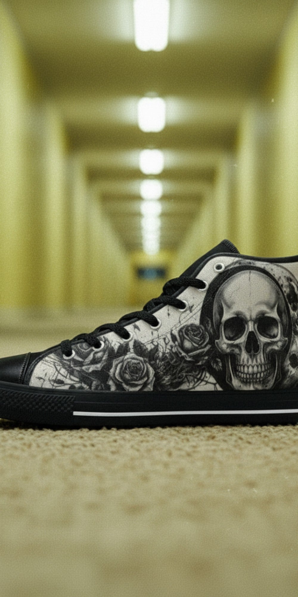 Men's Dark Moon Skull Gothic Art custom high-top canvas shoes — wearable art by Freaky Shoes