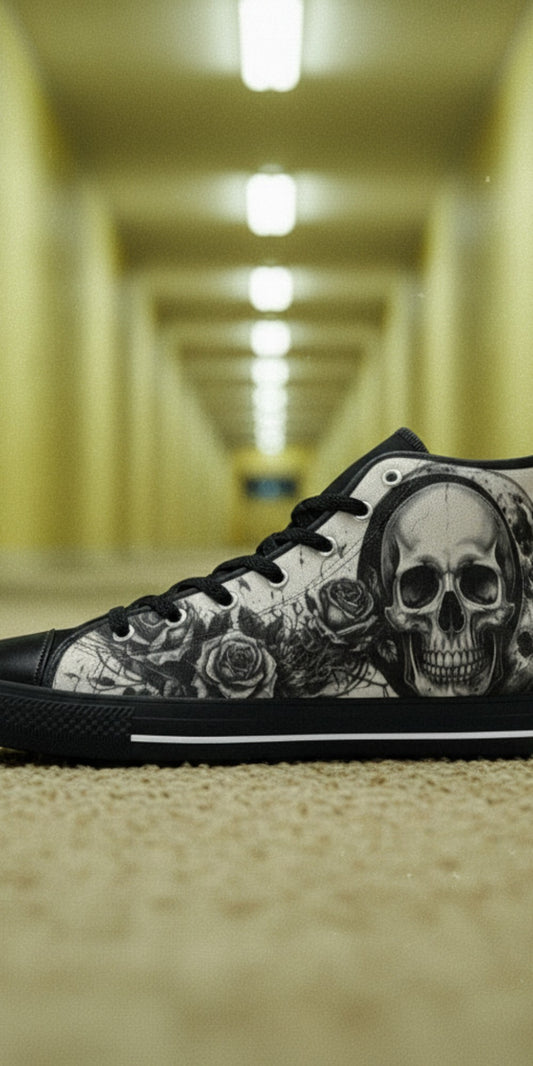 Freaky Shoes® Dark Moon high top canvas sneakers featuring a black and white gothic skull and rose art print.