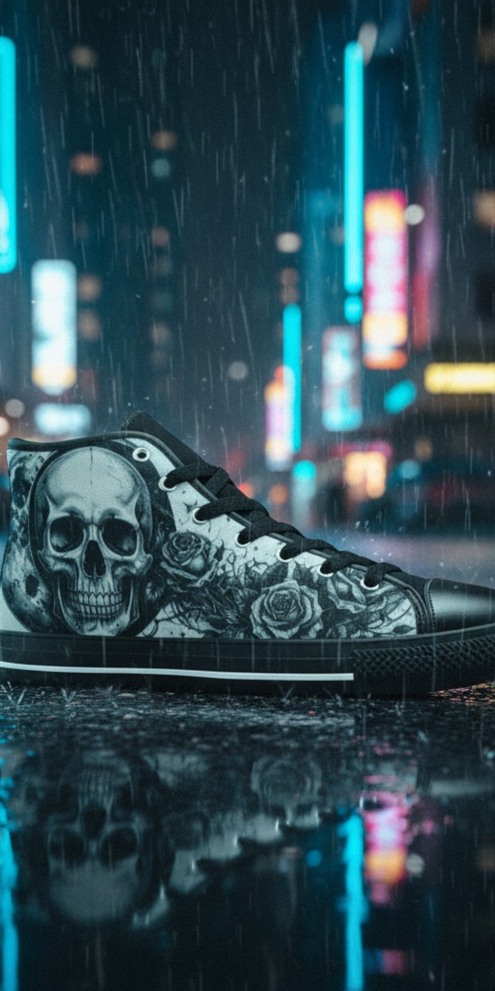 Men's Dark Moon Skull Gothic Art high-top canvas shoes — one-of-a-kind custom printed art, Freaky Shoes