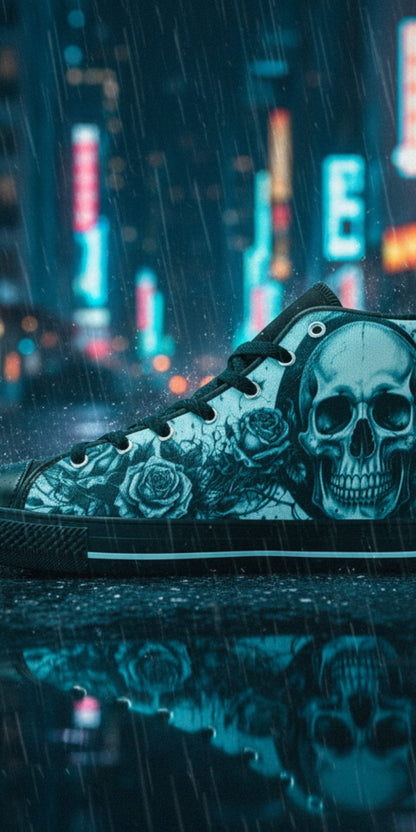 Custom Men's Dark Moon Skull Gothic Art high-top canvas shoes with bold all-over art — Freaky Shoes