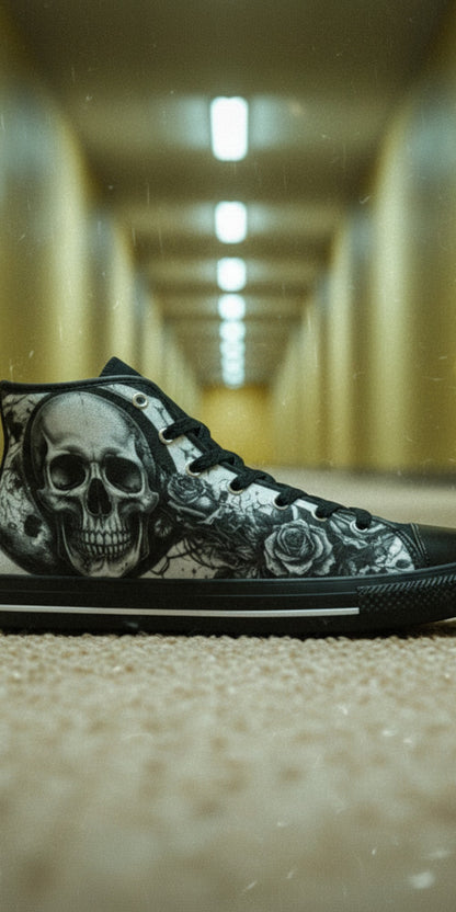 Custom Men's Dark Moon Skull Gothic Art high-top canvas shoes with bold all-over art — Freaky Shoes