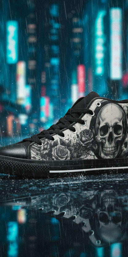 Men's Dark Moon Skull Gothic Art high-top canvas shoes, custom full-wrap printed design — Freaky Shoes