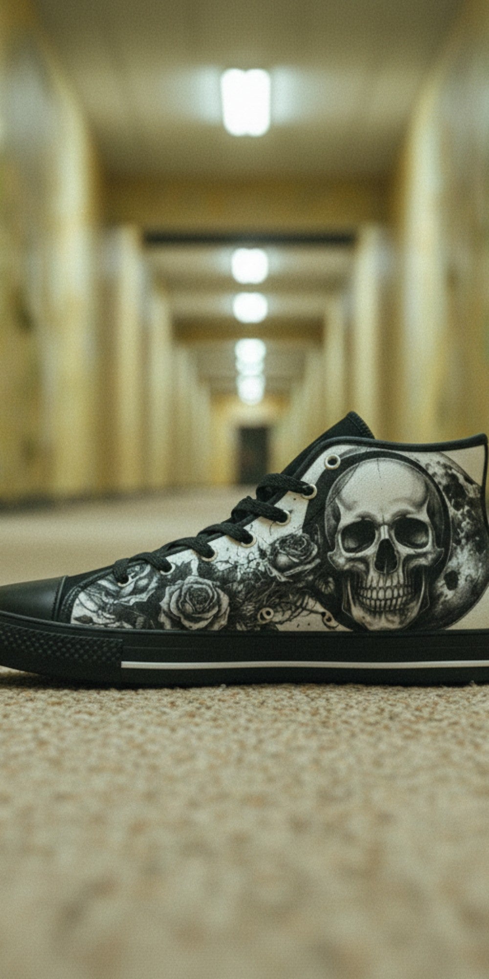 Men's Dark Moon Skull Gothic Art high-top canvas shoes — one-of-a-kind custom printed art, Freaky Shoes