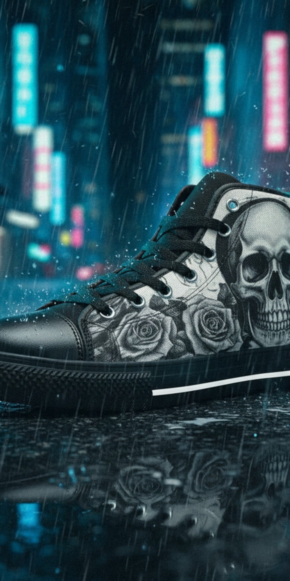 Men's Dark Moon Skull Gothic Art custom high-top canvas shoes — wearable art by Freaky Shoes