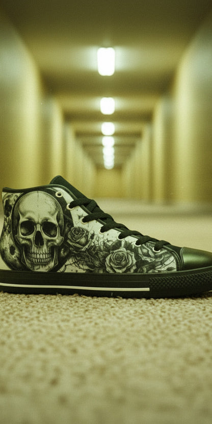 Men's Dark Moon Skull Gothic Art custom high-top canvas shoes — wearable art by Freaky Shoes