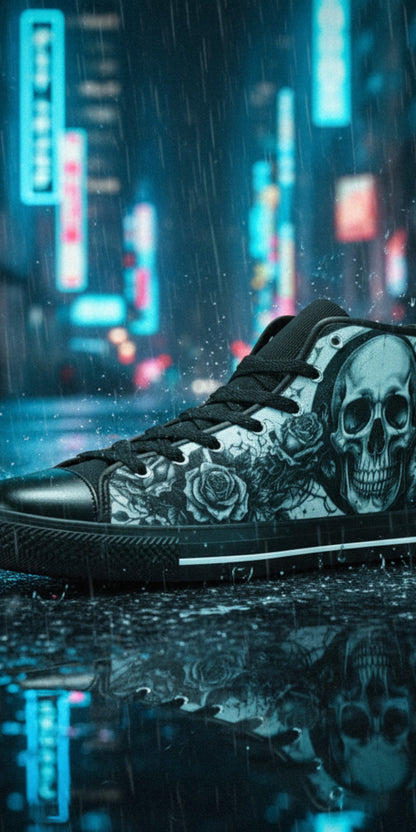 Men's Dark Moon Skull Gothic Art high-top canvas shoes, custom full-wrap printed design — Freaky Shoes