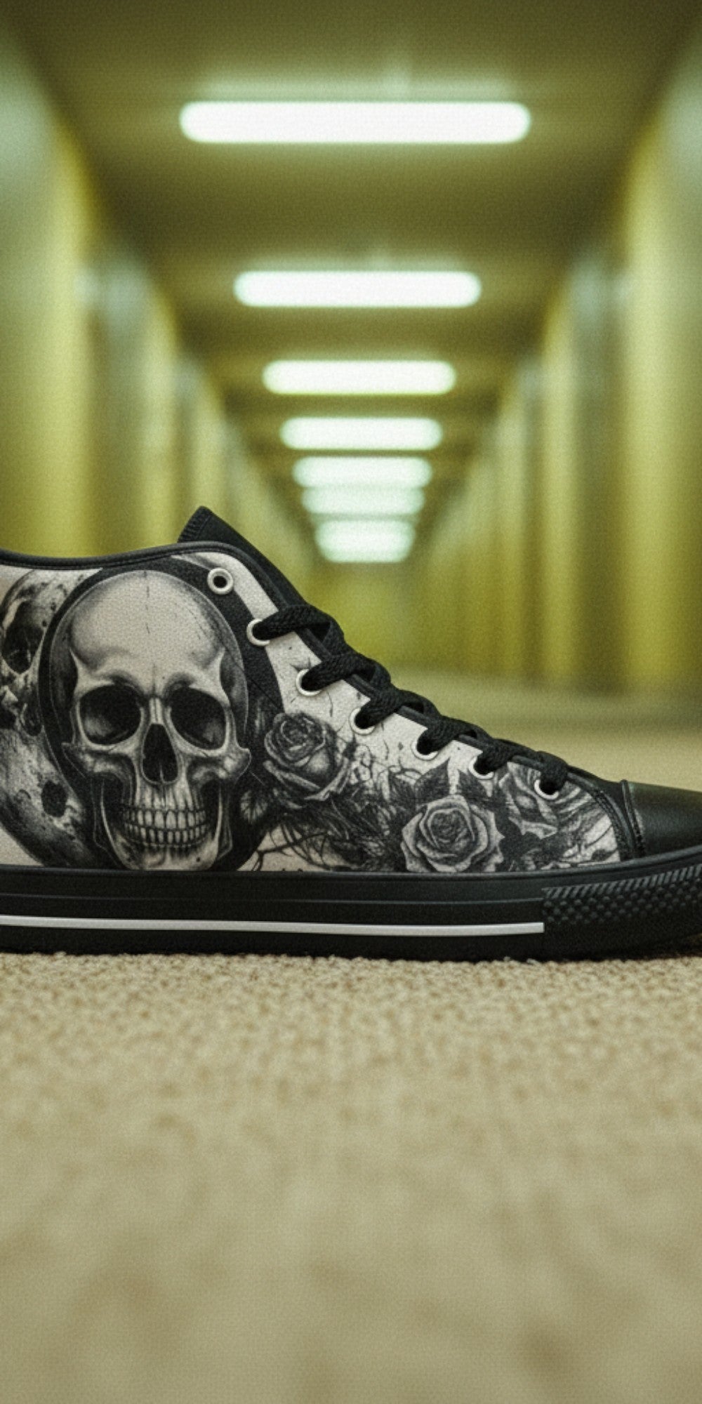 Custom Men's Dark Moon Skull Gothic Art high-top canvas shoes with bold all-over art — Freaky Shoes