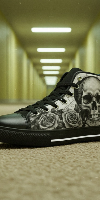 Men's Dark Moon Skull Gothic Art high-top canvas shoes, custom full-wrap printed design — Freaky Shoes