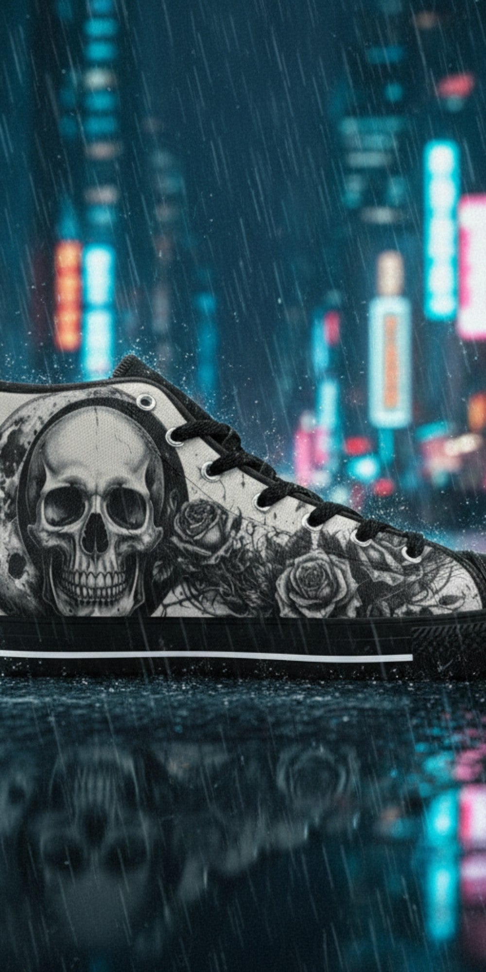 Men's Dark Moon Skull Gothic Art hand-made high-top canvas shoes — unique wearable art by Freaky Shoes