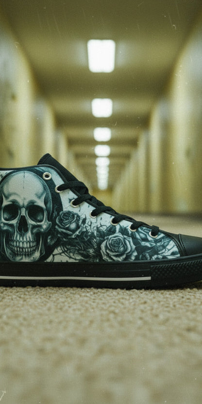 Men's Dark Moon Skull Gothic Art hand-made high-top canvas shoes — unique wearable art by Freaky Shoes