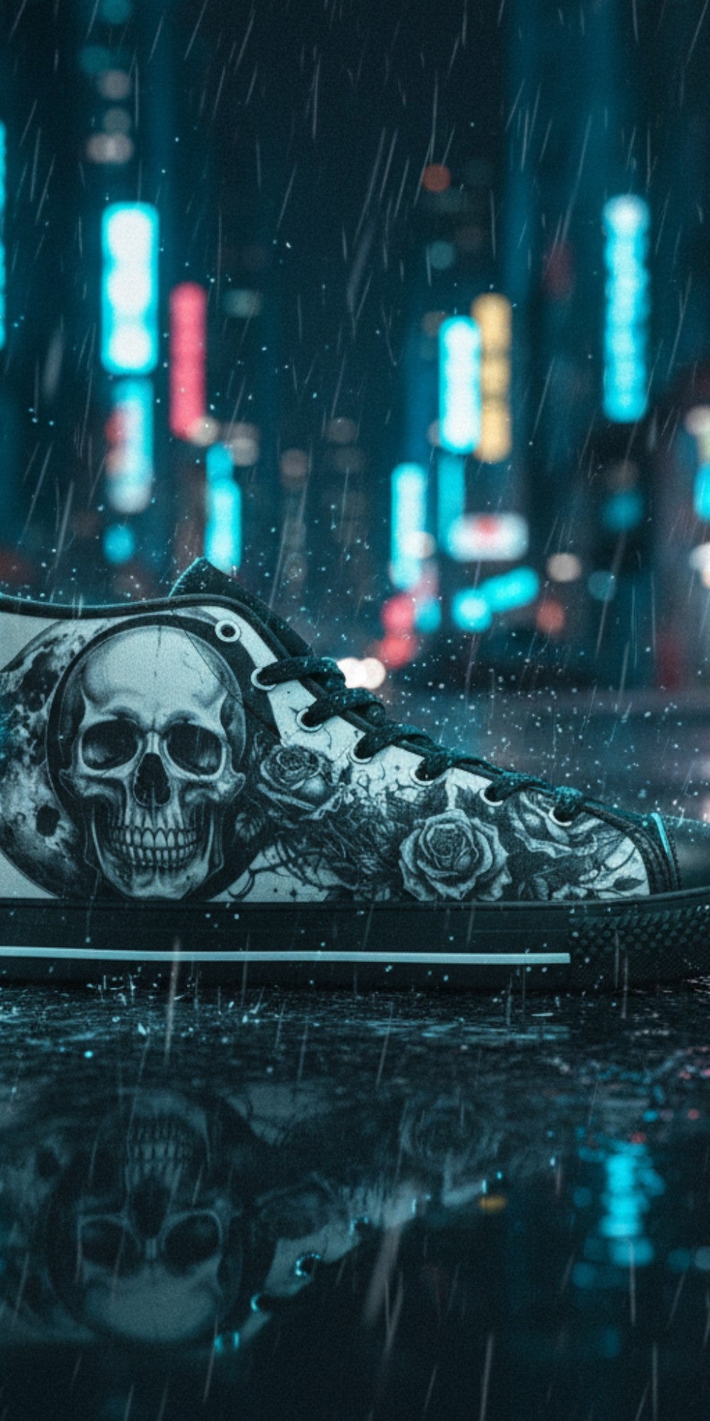 Men's Dark Moon Skull Gothic Art hand-made high-top canvas shoes — unique wearable art by Freaky Shoes