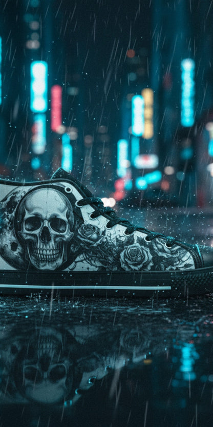 Men's Dark Moon Skull Gothic Art hand-made high-top canvas shoes — unique wearable art by Freaky Shoes