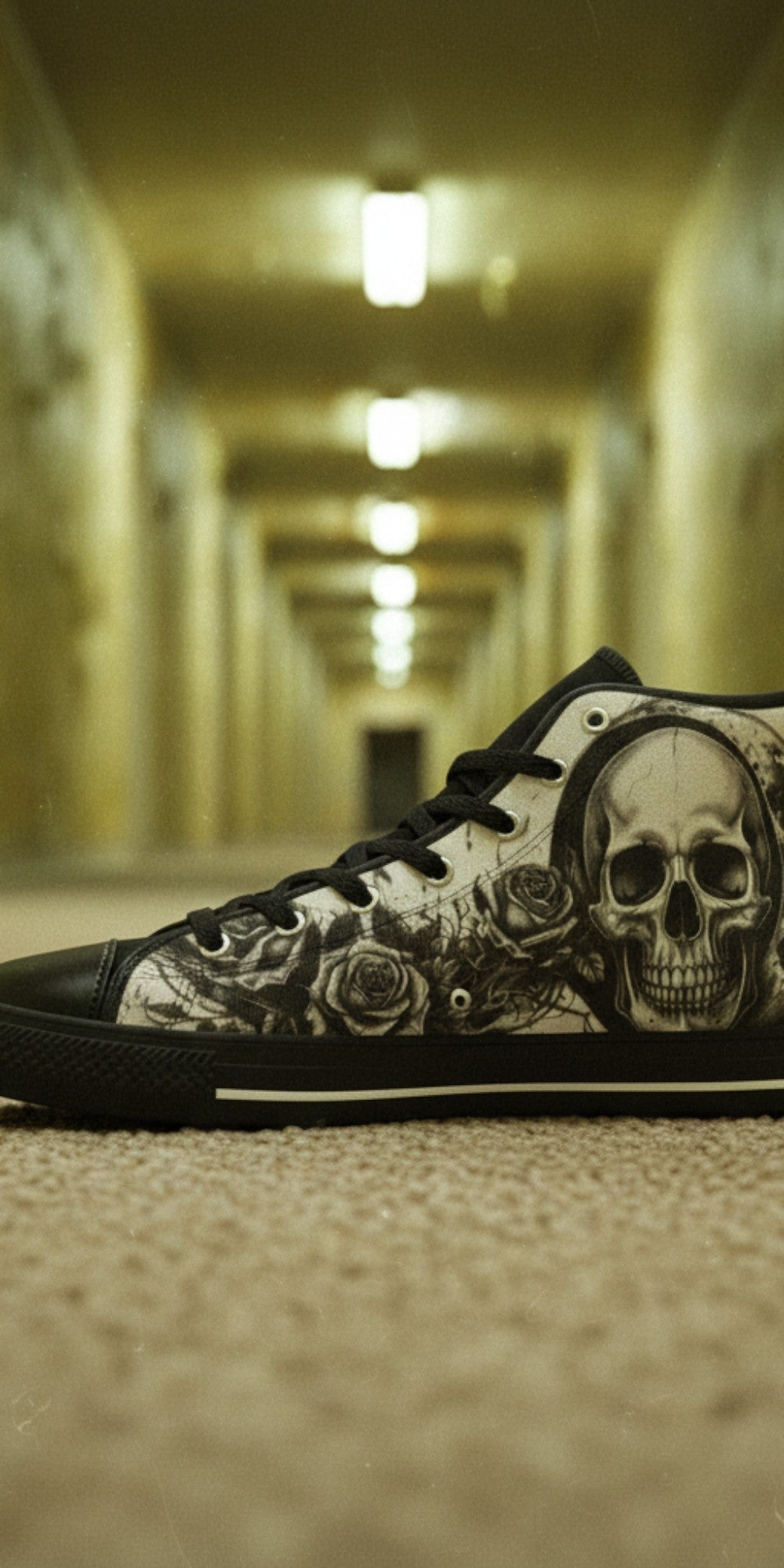 Men's Dark Moon Skull Gothic Art high-top canvas shoes — one-of-a-kind custom printed art, Freaky Shoes