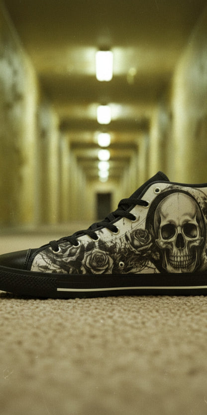 Men's Dark Moon Skull Gothic Art high-top canvas shoes — one-of-a-kind custom printed art, Freaky Shoes