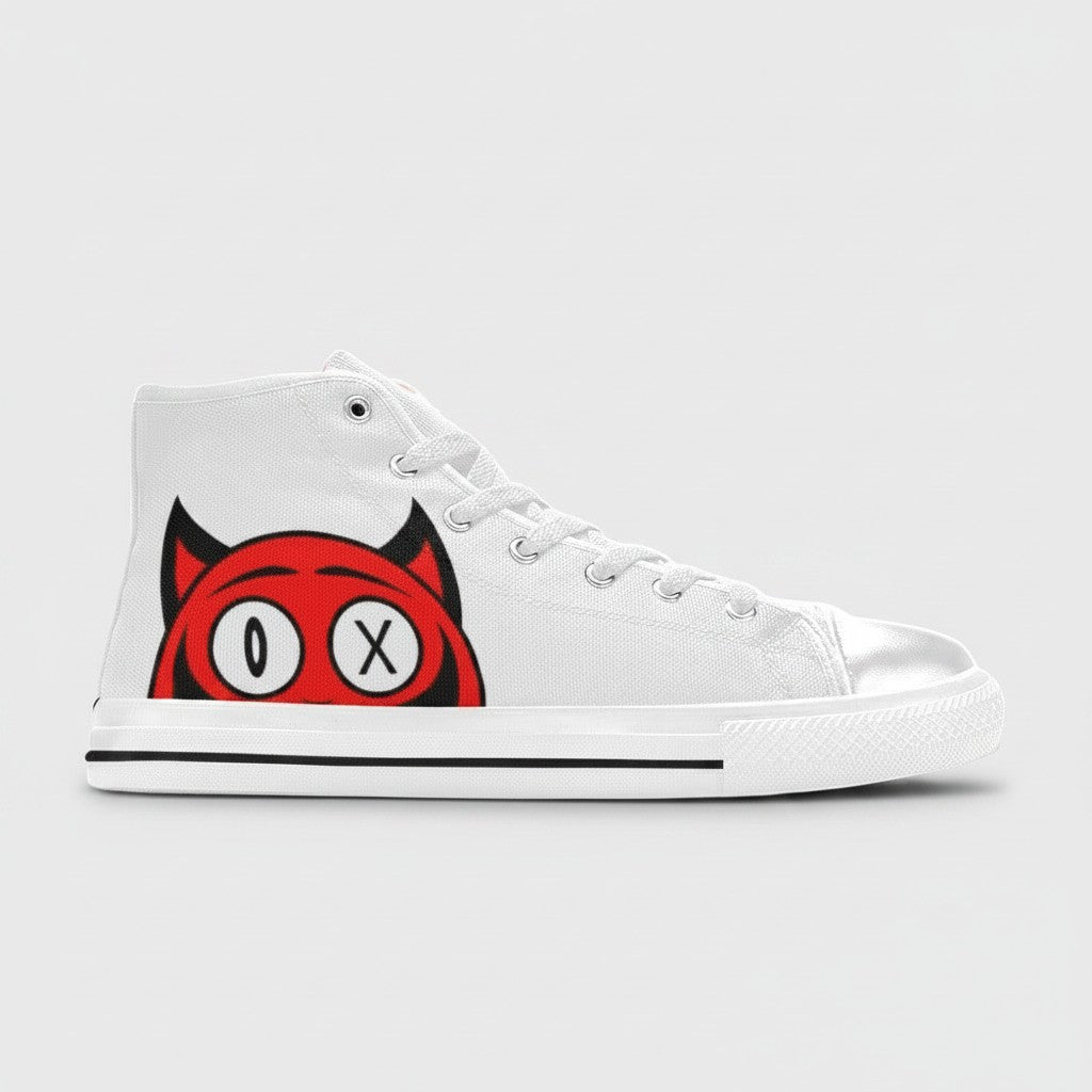 Freaky Shoes® men's white high-top canvas sneakers featuring a red devil character graphic on the side