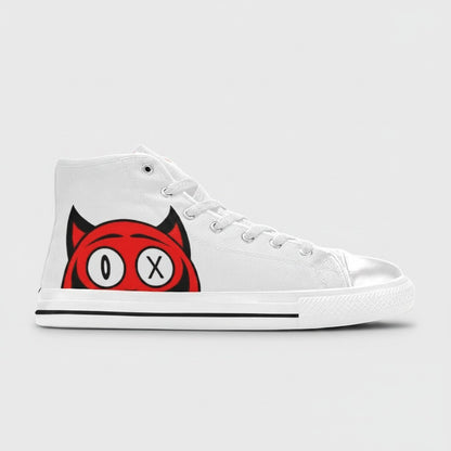 Freaky Shoes® men's white high-top canvas sneakers featuring a red devil character graphic on the side