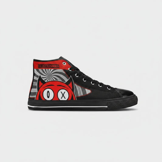 Freaky Shoes® women's high-top canvas sneakers featuring a red devil character, gothic skull art, and black accents.