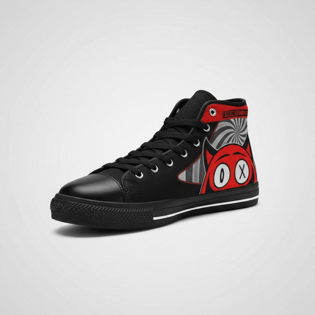 Freaky Shoes® men's high-top canvas sneakers featuring a black and red gothic devil skull design